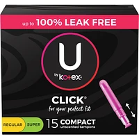 U by Kotex Click Compact Multipack Tampons, Regular/Super, Unscented, 15 Count