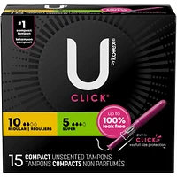 U by Kotex Click Compact Multipack Tampons, Regular/Super, Unscented, 15 Count