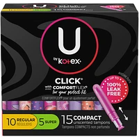 U by Kotex Click Compact Multipack Tampons, Regular/Super, Unscented, 15 Count