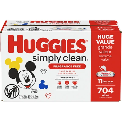 Huggies Simply Clean Unscented Baby Wipes, 11 Flip Lid Packs