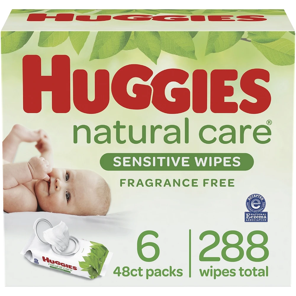 Huggies Natural Care Sensitive Baby Wipes, Unscented, 6 Flip Lid Packs (288 Wipes Total)