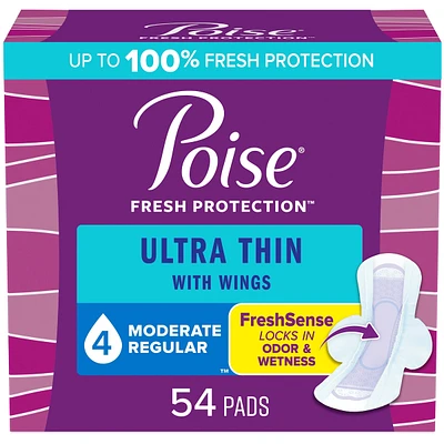Poise Ultra Thin Postpartum Incontinence Pads with Wings, Moderate Absorbency, Regular Length, 54 Count