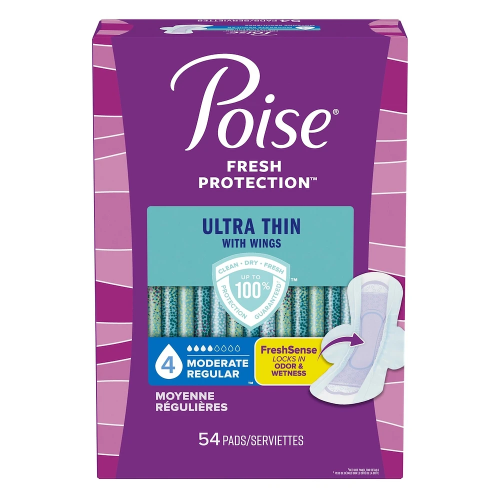 Poise Ultra Thin Postpartum Incontinence Pads with Wings, Moderate Absorbency, Regular Length, 54 Count