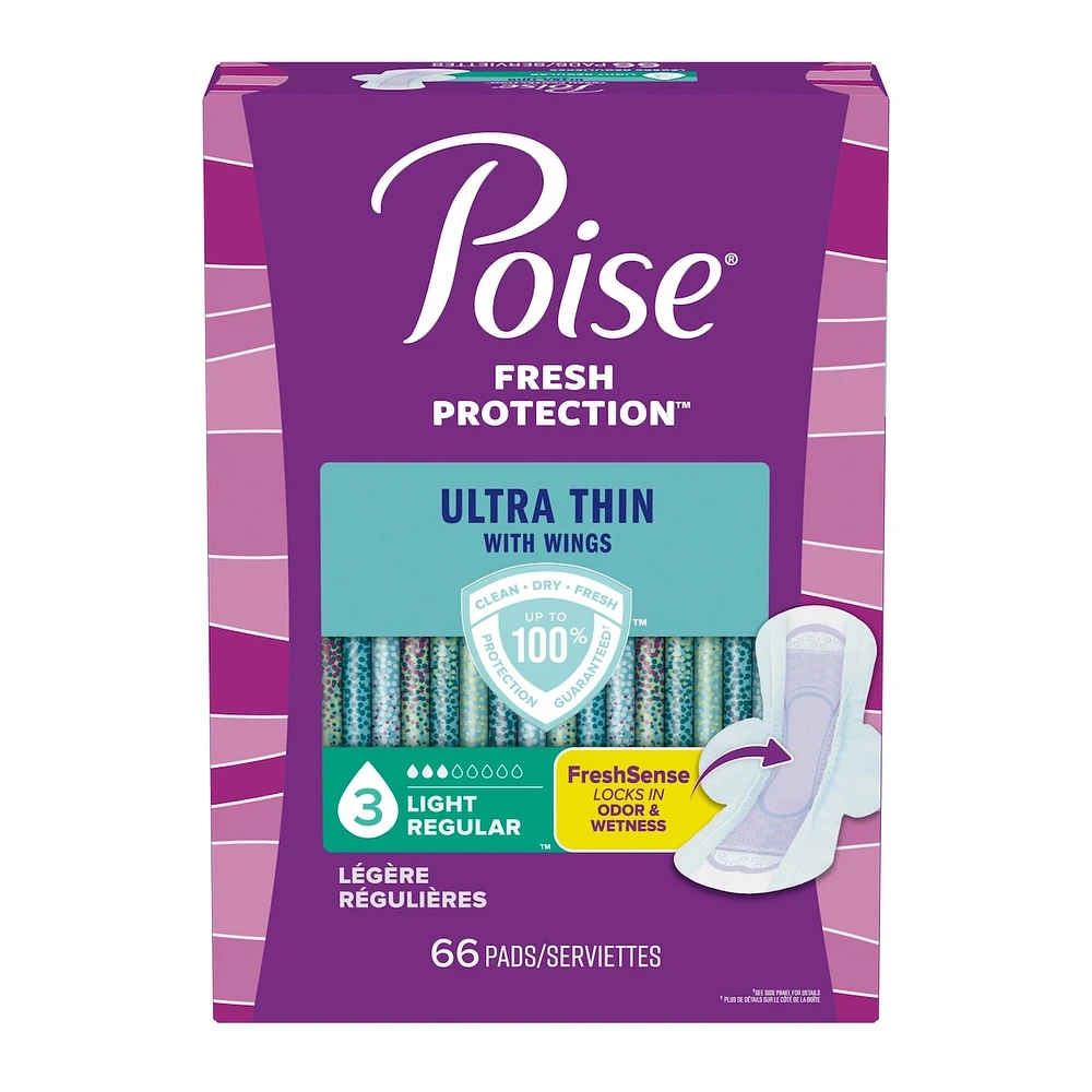 Poise Ultra Thin Postpartum Incontinence Pads with Wings, Light Absorbency, Regular Length, 66 Count