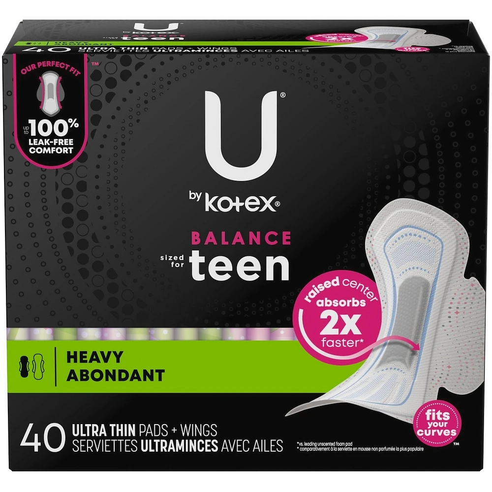 Serviettes ultraminces U by Kotex Balance avec ailes pour adolescentes, absorption accrue