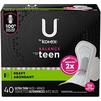 Serviettes ultraminces U by Kotex Balance avec ailes pour adolescentes, absorption accrue