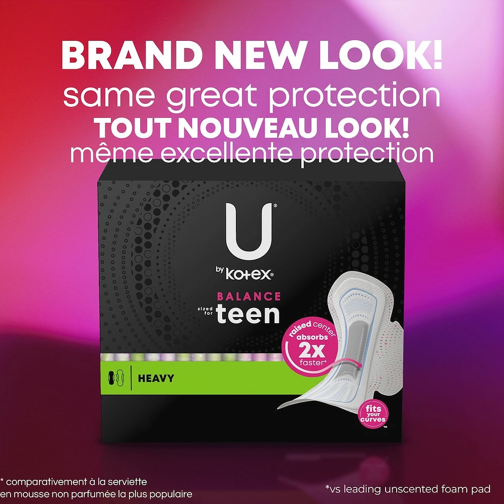Serviettes ultraminces U by Kotex Balance avec ailes pour adolescentes, absorption accrue