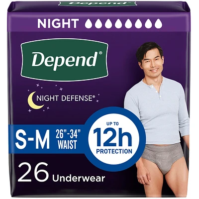 Night Defense Adult Incontinence Underwear for Men, Disposable, Overnight, Small/Medium, Grey
