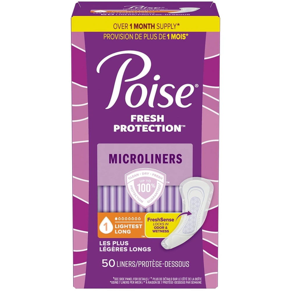 Poise Daily Microliners, Incontinence Panty Liners, 1 Drop Lightest Absorbency, Long Length