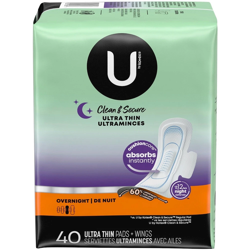 Serviettes ultraminces de nuit U by Kotex Clean & Secure avec ailes