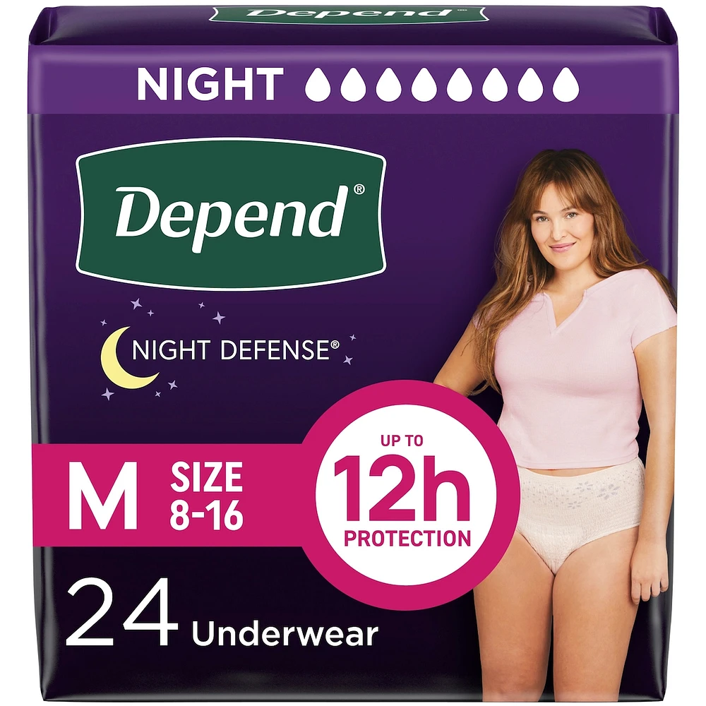 Night Defense Adult Incontinence Underwear for Women, Disposable, Overnight, Medium, Blush (Packaging May Vary)
