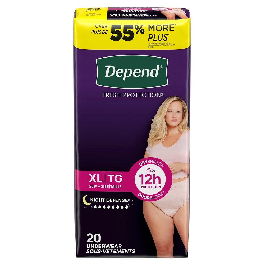 Sous-vêtements d’incontinence pour adultes Depend Night Defense pour femmes, jetables, de nuit, très grand, roses