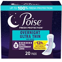 Overnight Ultra Thin Incontinence & Postpartum Pads with Wings for Bladder Leaks, 8 Drop Extra Absorbent, Long Length, 20 Count