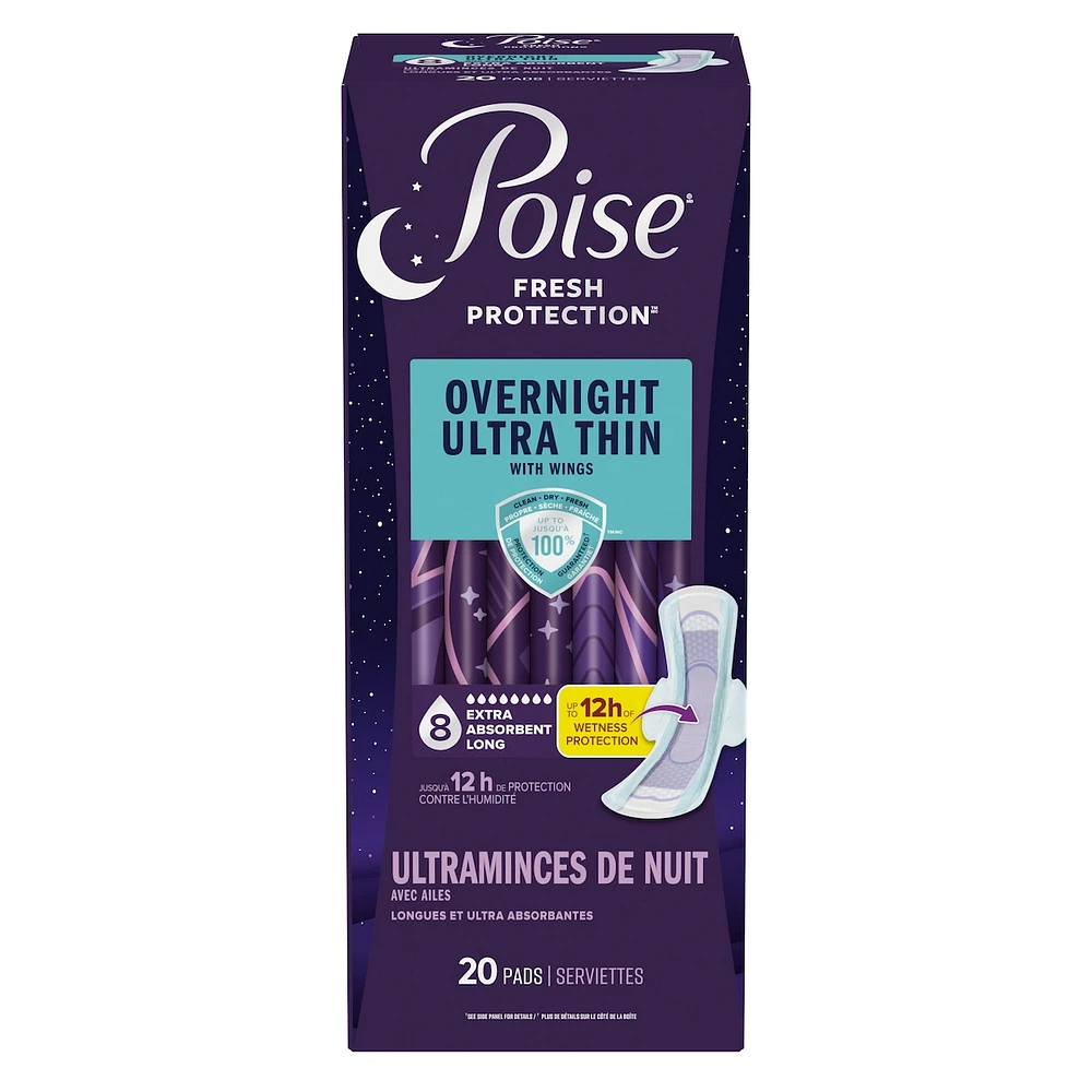 Overnight Ultra Thin Incontinence & Postpartum Pads with Wings for Bladder Leaks, 8 Drop Extra Absorbent, Long Length, 20 Count