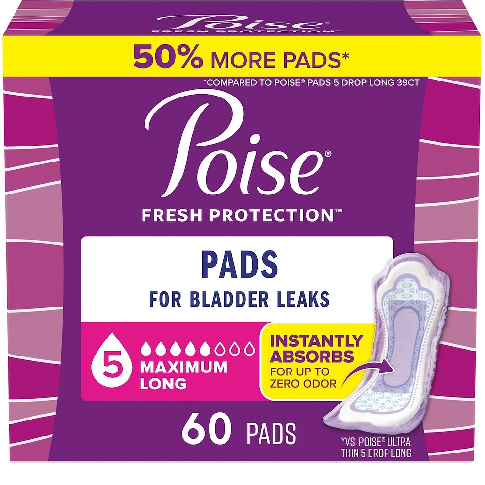 Incontinence Pads & Postpartum Pads, 5 Drop Maximum Absorbency, Long Length, 60 Count