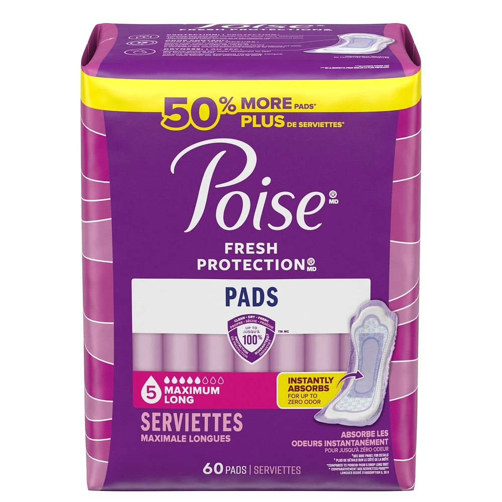 Incontinence Pads & Postpartum Pads, 5 Drop Maximum Absorbency, Long Length, 60 Count