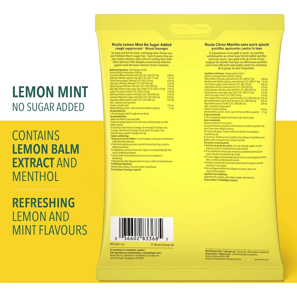 Ricola Lemon Mint No Sugar Added Throat Drops