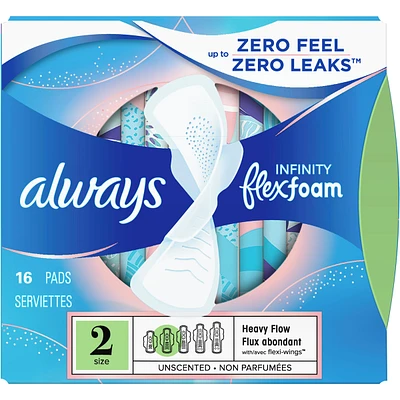 Infinity FlexFoam Pads for Women Size 2 Heavy Flow Absorbency with Wings, 16 Count
