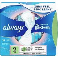 Serviettes Infinity FlexFoam pour femmes, taille 2, flux abondant, avec ailes, 16 unités