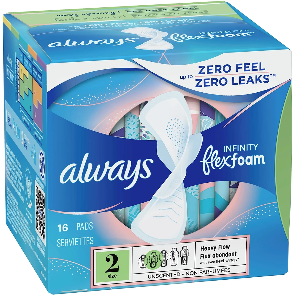 Serviettes Infinity FlexFoam pour femmes, taille 2, flux abondant, avec ailes, 16 unités