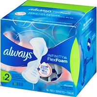 Serviettes Infinity FlexFoam pour femmes, taille 2, flux abondant, avec ailes, 16 unités