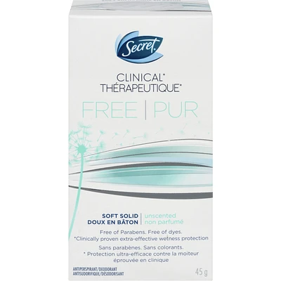 Secret Clinical Antiperspirant and Deodorant Soft Solid, FREE, Sensitive Unscented, 45g