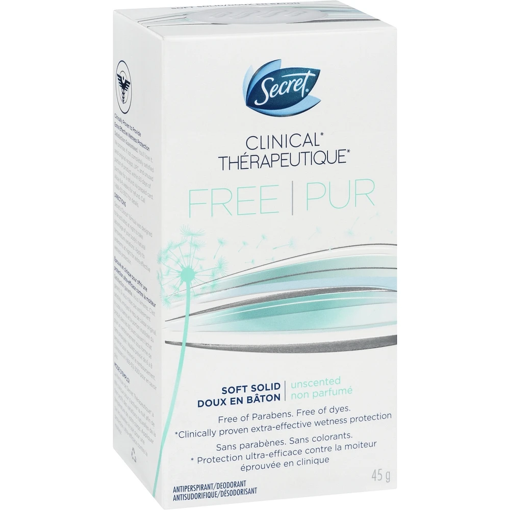 Secret Clinical Antiperspirant and Deodorant Soft Solid, FREE, Sensitive Unscented, 45g