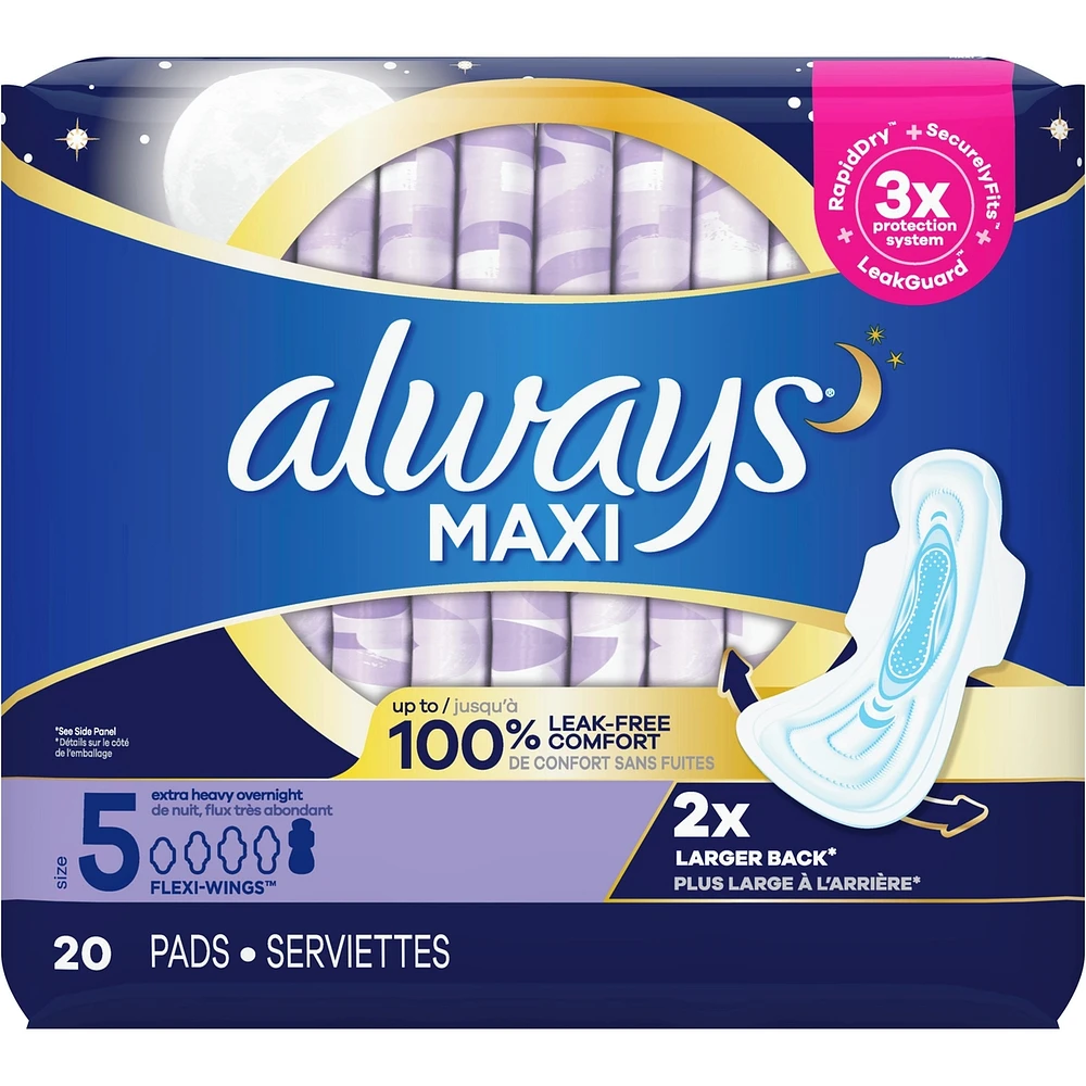 Always Maxi Pads Size 5 Extra Heavy Overnight Absorbency Unscented with Wings, 20 Count
