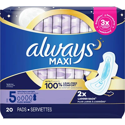 Always Maxi Pads Size 5 Extra Heavy Overnight Absorbency Unscented with Wings, 20 Count