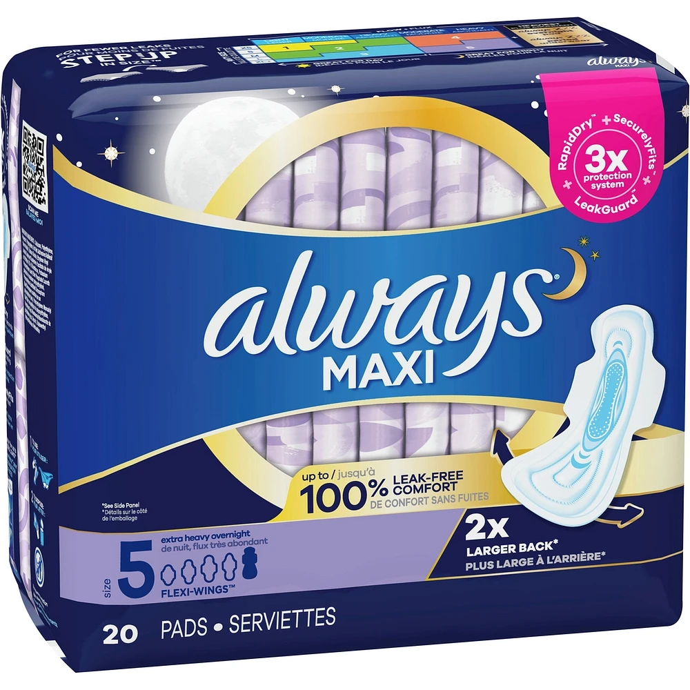 Always Maxi Pads Size 5 Extra Heavy Overnight Absorbency Unscented with Wings, 20 Count
