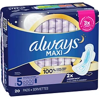 Always Maxi Pads Size 5 Extra Heavy Overnight Absorbency Unscented with Wings, 20 Count