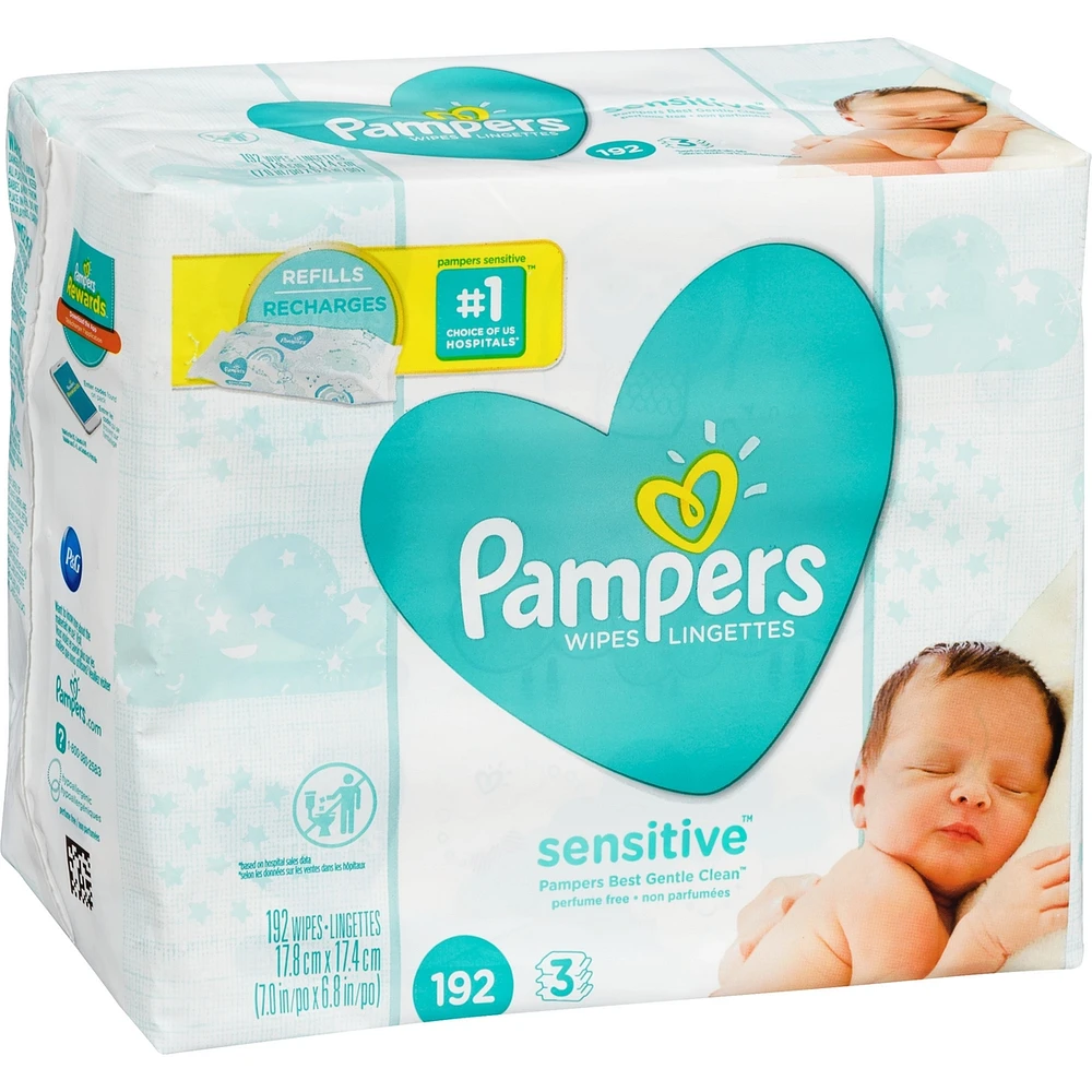 Pampers Baby Wipes Sensitive Perfume Free 3X Refill Packs (Tub Not Included) 192 Count