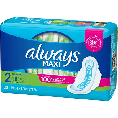 Always Maxi Pads Size 2 Long Super Absorbency Unscented with Wings, 32 Count