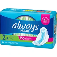 Always Maxi Pads Size 2 Long Super Absorbency Unscented with Wings, 32 Count