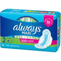 Always Maxi Pads Size 2 Long Super Absorbency Unscented with Wings, 32 Count
