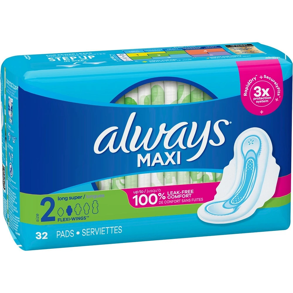 Always Maxi Pads Size 2 Long Super Absorbency Unscented with Wings, 32 Count