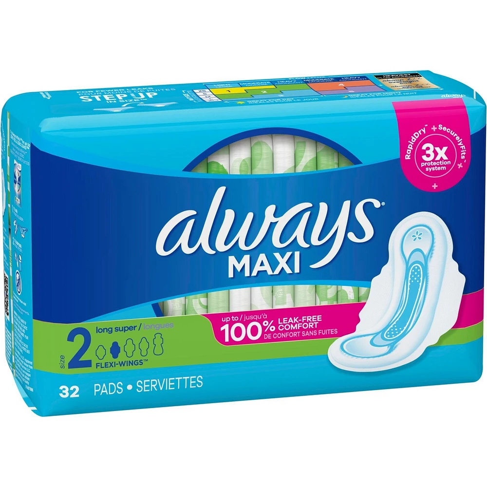 Always Maxi Pads Size 2 Long Super Absorbency Unscented with Wings, 32 Count