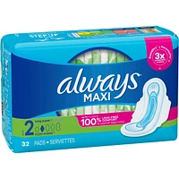 Always Maxi Pads Size 2 Long Super Absorbency Unscented with Wings, 32 Count