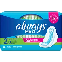 Always Maxi Pads Size 2 Long Super Absorbency Unscented with Wings, 32 Count