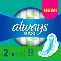 Always Maxi Pads Size 2 Long Super Absorbency Unscented with Wings, 32 Count