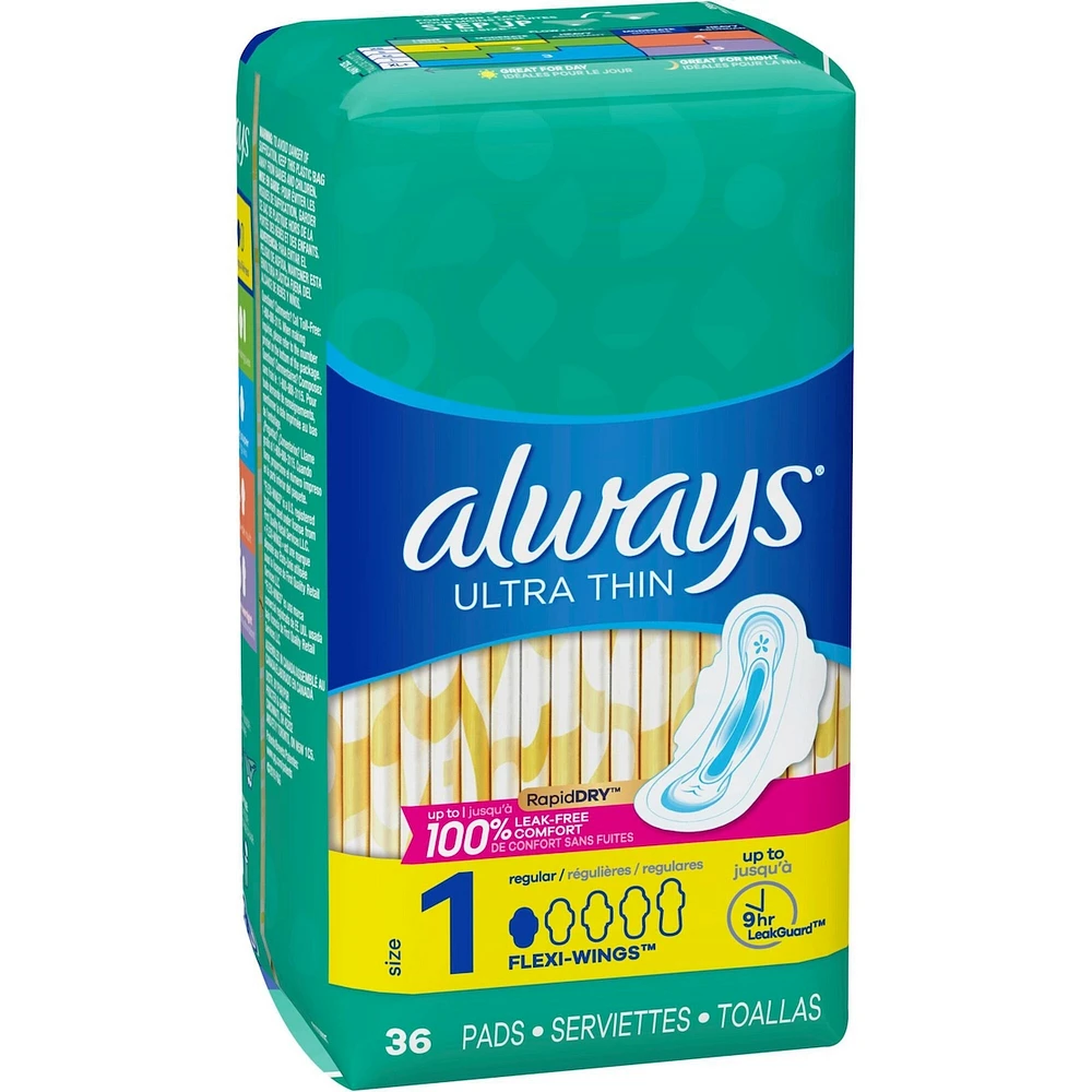 Always Ultra Thin Pads Size 1 Regular Absorbency Unscented with Wings