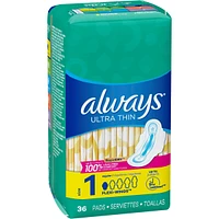 Always Ultra Thin Pads Size 1 Regular Absorbency Unscented with Wings