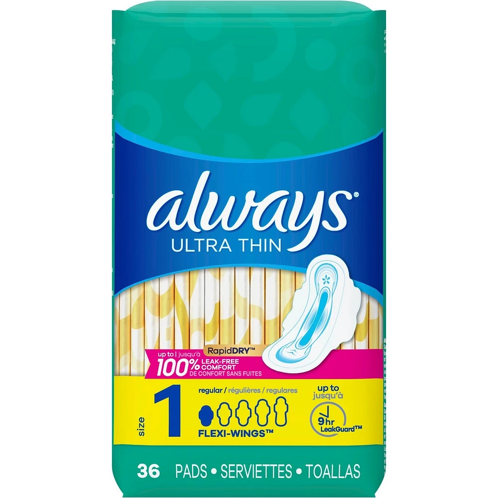 Always Ultra Thin Pads Size 1 Regular Absorbency Unscented with Wings