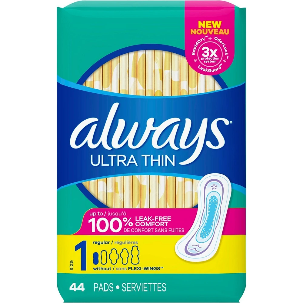 Always Ultra Thin Pads Size 1 Regular Absorbency Unscented without Wings, 44 Count