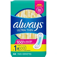 Always Ultra Thin Pads Size 1 Regular Absorbency Unscented without Wings, 44 Count