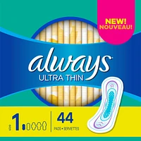 Always Ultra Thin Pads Size 1 Regular Absorbency Unscented without Wings, 44 Count