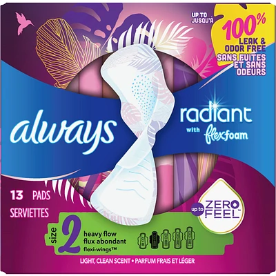 Always Radiant Pads, Size 2, Heavy Flow Absorbency, Scented, 13 Count