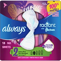 Always Radiant Pads, Size 2, Heavy Flow Absorbency, Scented, 13 Count