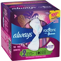 Always Radiant Pads, Size 2, Heavy Flow Absorbency, Scented, 13 Count