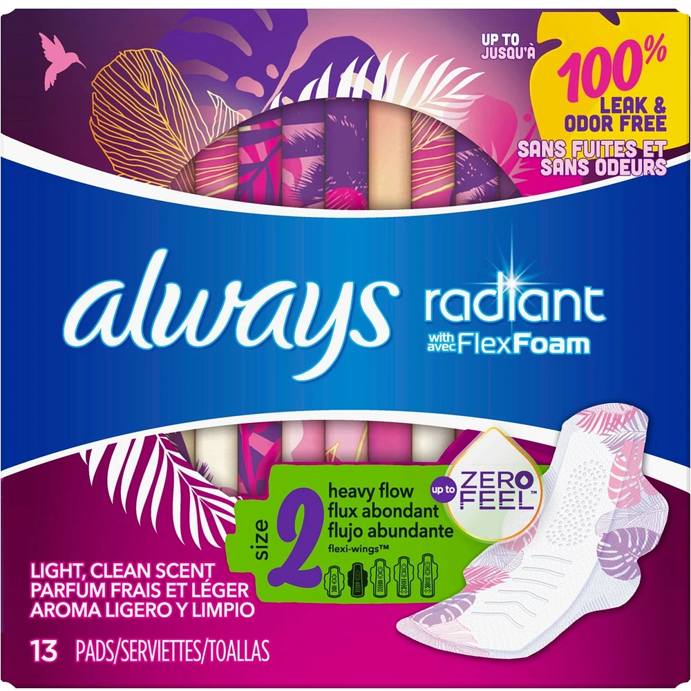 Always Radiant Pads, Size 2, Heavy Flow Absorbency, Scented, 13 Count